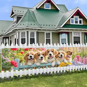 Puppy garden theme banner for spring courtyard decoration with floral dog pattern