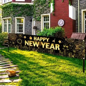 Black and gold Happy New Year banner with fireworks and clock for garden decor