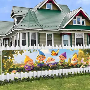 Spring garden gnome banner with butterfly print for outdoor courtyard fence decoration