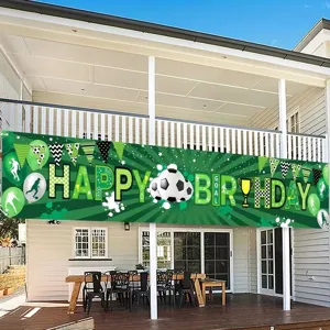 Large soccer theme happy birthday banner with football icons for outdoor party decoration