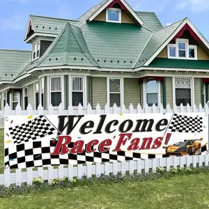 Racefeest banner met geblokte vlag en Welcome Race Fans tekst voor buiten decoratie.