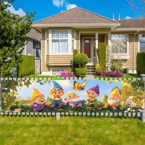 Spring garden banner with colorful gnomes and butterfly print for outdoor fence decoration