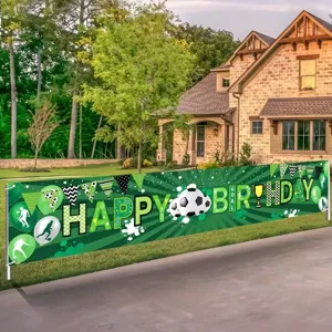 Large soccer themed happy birthday banner for outdoor backyard party garden decoration