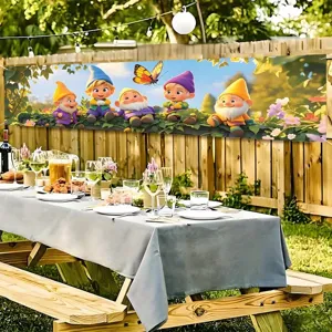 Spring garden gnome banner with butterfly print for outdoor courtyard decor