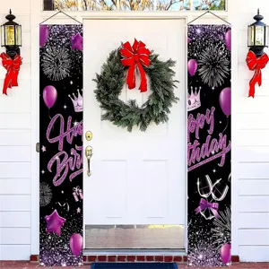 Purple balloon and crown themed birthday party door banners for festive house decoration