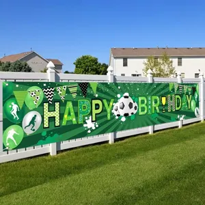 Large green soccer-themed Happy Birthday banner for children's outdoor party decoration