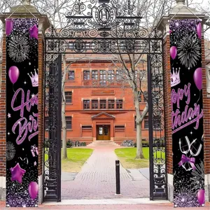 Purple Happy Birthday door banners with balloon and crown designs for party decor
