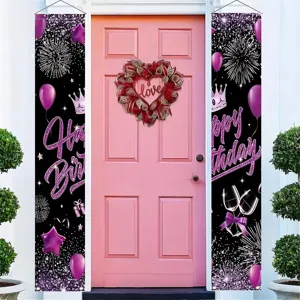 Purple Happy Birthday porch banners with balloons and crowns for party door decor