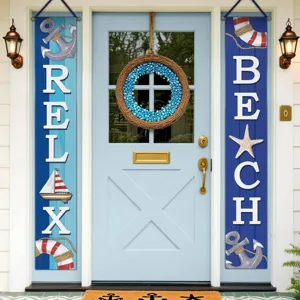 Nautical beach porch banners with RELAX and BEACH lettering for coastal summer home decor