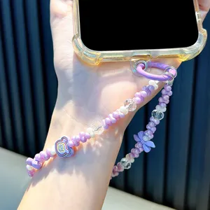 Purple beaded mobile phone strap charm with cute bear and butterfly pendant decorations