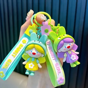 Cute Cartoon Rabbit Girl Keychain PVC Soft Glue Doll Key Ring Floral Dress Bag Pendant For Women Girls Kids Gift