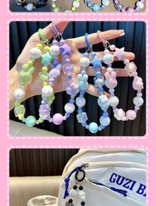 Detail of colorful handmade beaded phone chains with cute bunny and star shapes