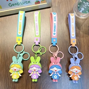 Colorful cartoon rabbit girl soft rubber keychains for bags and gift favors