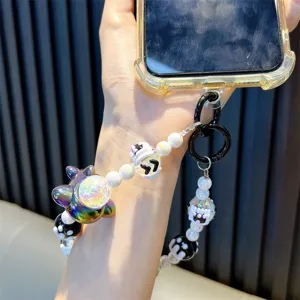 Kleurrijke dopamine kralen telefoonkoord met iriserende kattenpoot hanger