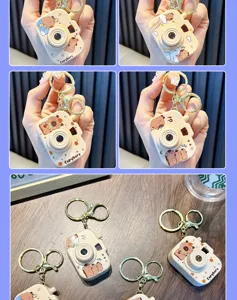 Detailed macro view of cute Capybara projection camera keychain with gold keyring