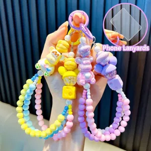 Acryl Kralen Cartoon Beer Sleutelhanger Telefoonkoord Hart Tas Hanger Macaron Kleur Handgemaakte Sleutelring Cadeau Vrouwen