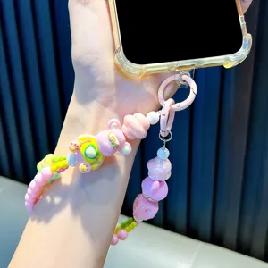 Schattige roze kralen beer telefoon charm lanyard riem voor telefoonhoesjes en tassen