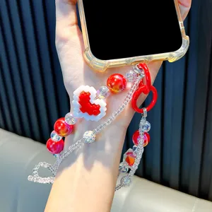 Chaîne de téléphone perlée à la main avec cœur pixel rouge et design élégant à double brin