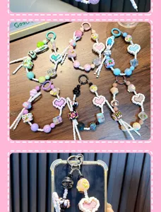 Colorful beaded phone straps with pixelated heart charms and cartoon patterns