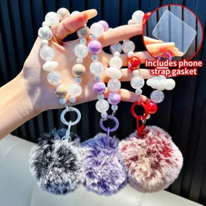 Cadena de Teléfono de Abalorios de Acrílico Con Pompon de Piel Artificial Grande Colgante de Nube Llavero para Bolso Mujeres Niñas