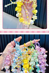 Close-up showing a variety of colorful beaded bear phone straps in vibrant Y2K dopamine colors