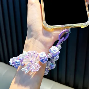 Cinturino per telefono artigianale in perline di cristallo viola con farfalla grande