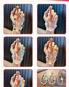 Vista detallada de correas de teléfono con cuentas de colores, charms de donuts y perlas