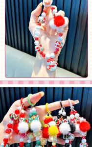 Detailed view of handmade Christmas beaded phone straps with snowman and fur ball charms