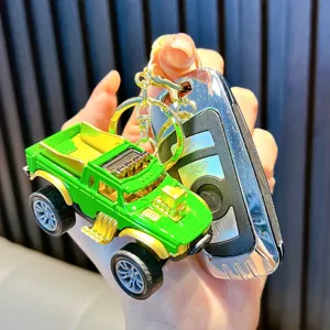 Creative green alloy pickup truck keychain toy with premium golden details and hook