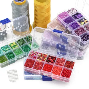 Variety DIY bead kits with seed beads and needles in organized plastic storage boxes