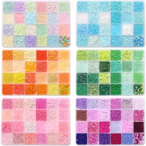 Detailed overview of various color-themed glass seed and tube bead kits for DIY jewelry making