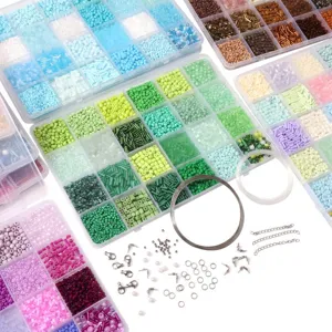 Close-up of DIY jewelry bead kit featuring diverse colors and metal accessories