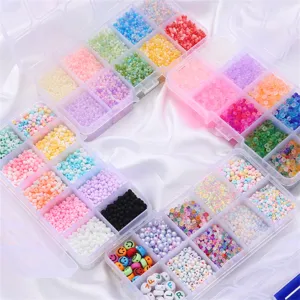 Detailed view of a colorful DIY bead kit featuring various seed beads and letter beads