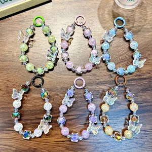 Handmade colorful crystal beaded butterfly phone charm keychain set for phone case