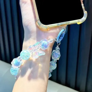 Handcrafted iridescent crystal butterfly beaded phone lanyard strap charm for women