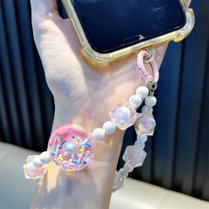 Correa de teléfono de dona rosa con cuentas de perlas irisadas y cuentas geométricas