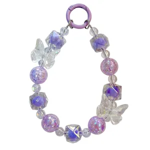 Purple beaded phone strap featuring iridescent butterflies and sparkling crystal beads