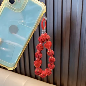 Handgemaakte rode kralen telefoonketting met hartjes en zachte luipaard print kralen