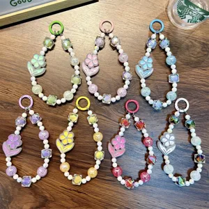 Handmade colorful beaded phone straps with flower charms and round clips in 7 colors