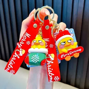 Cartoon Christmas Little Yellow Duck Keychain PVC Soft Rubber Bag Pendant Merry Christmas Strap Holiday Gift Accessary