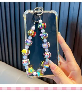 Colorful hand-painted beaded phone charm strap with cute cat and star designs