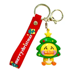 Cute energetic Christmas yellow duck keychain with red strap for bag charm holiday gift