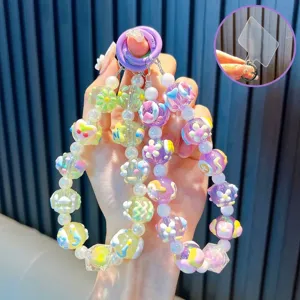 Hand Painted Bead Mobile Phone Chain Strap Acrylic Heart Flower Pattern Bag Pendant Keychain With Tether Tab For Women Girls