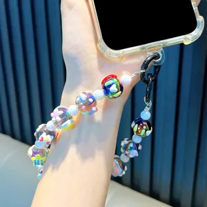 Colorful hand-painted beaded phone strap with floral charms and lobster clasp attachment