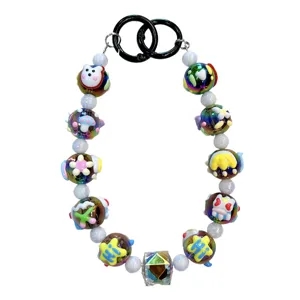 Colorful hand-painted bead phone strap keychain with cute cat and mushroom charms