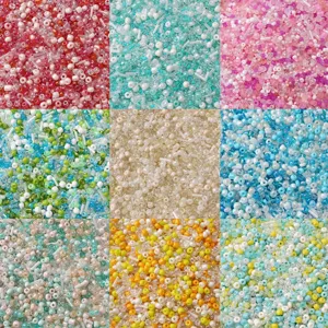 Macro detail of mixed color glass seed beads in nine distinct vibrant color palettes