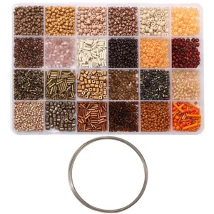 Comprehensive 24-grid DIY seed bead set in warm earth tones with a coil of silver jewelry wire