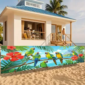 Pancarta decorativa de fiesta temática de playa con loros tropicales e hibiscos