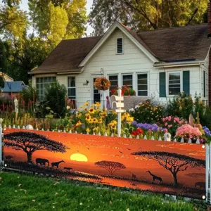 African Savannah Sunset Banner Outdoor Decorative Banner Animal Silhouettes Elephant Giraffe Silhouette Polyester Banner For Garden Fence Party Decoration