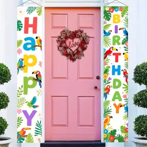 Tropical parrot birthday door banners with vibrant leaf patterns for party decor